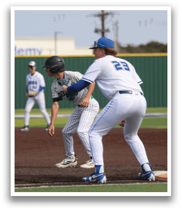 Two baseball players are on the field, one wearing a blue helmet and the other wearing a green helmet. The player in the blue helmet is holding a baseball bat, while the player in the green helmet is wearing a baseball glove. AI generated content