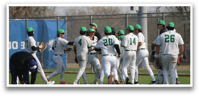 A group of baseball players wearing green hats and white uniforms are celebrating on the field. AI generated content