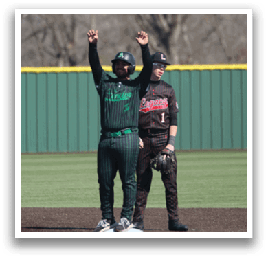 Two baseball players on the field, one wearing a green shirt and the other wearing a red shirt. AI generated content