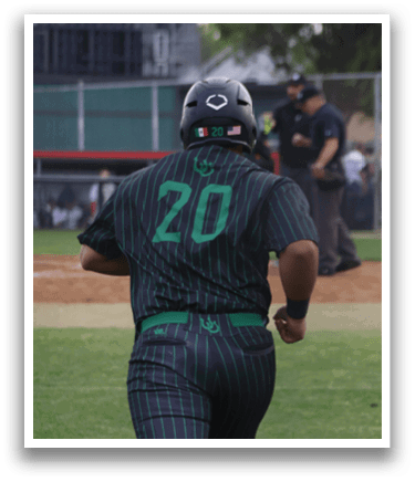 A baseball player wearing a green and black uniform with the number 20 on the back. Description generated by AI