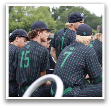 A group of baseball players wearing green and black uniforms. Description generated by AI