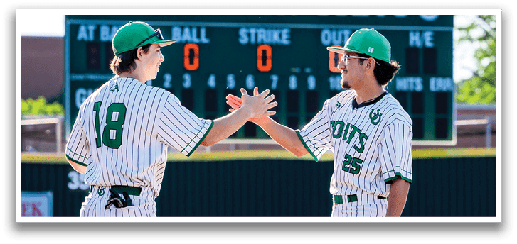 Two baseball players shaking hands. Description generated by AI