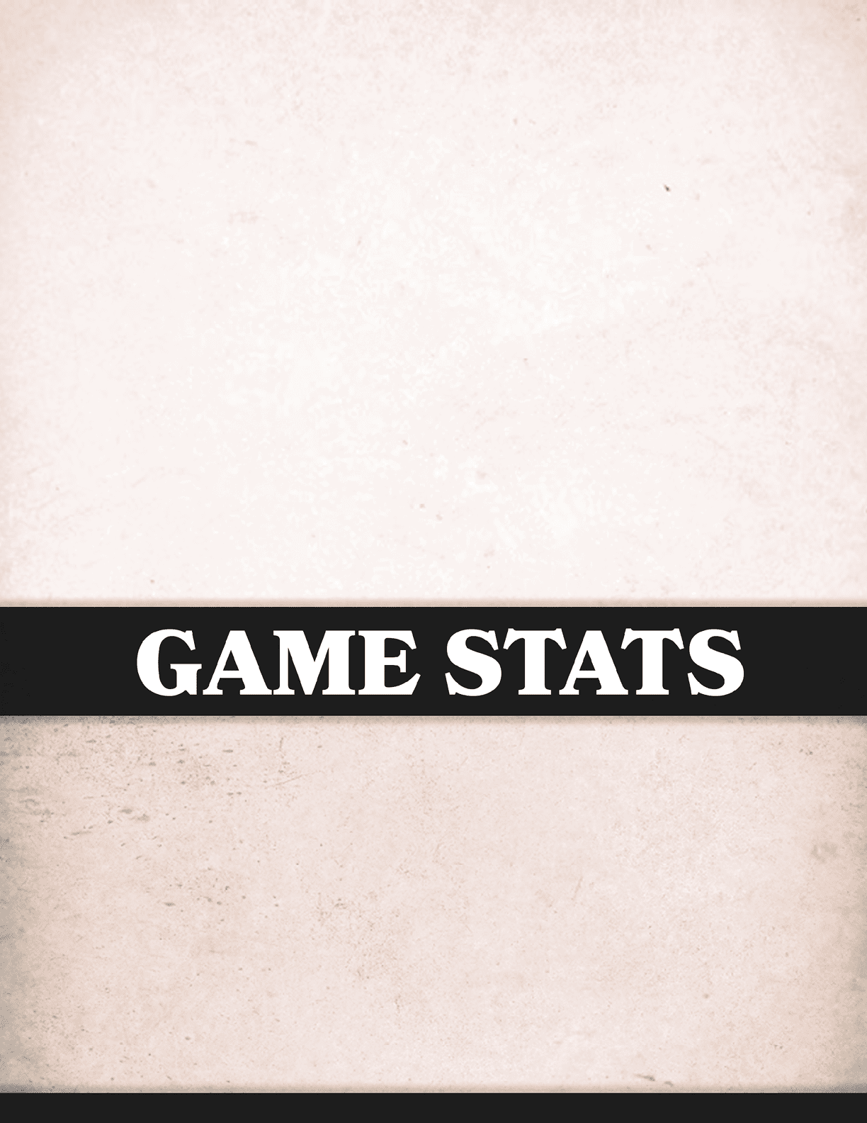 A white and black sign that says game stats. Description generated by AI