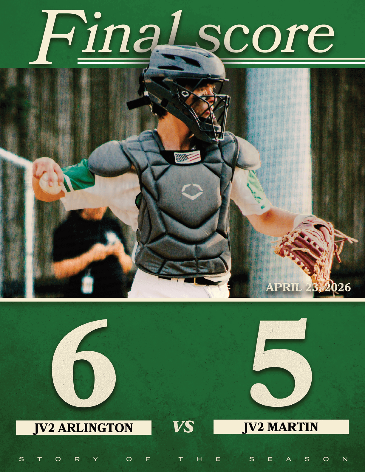 A baseball player wearing a helmet and catcher's mitt. Description generated by AI