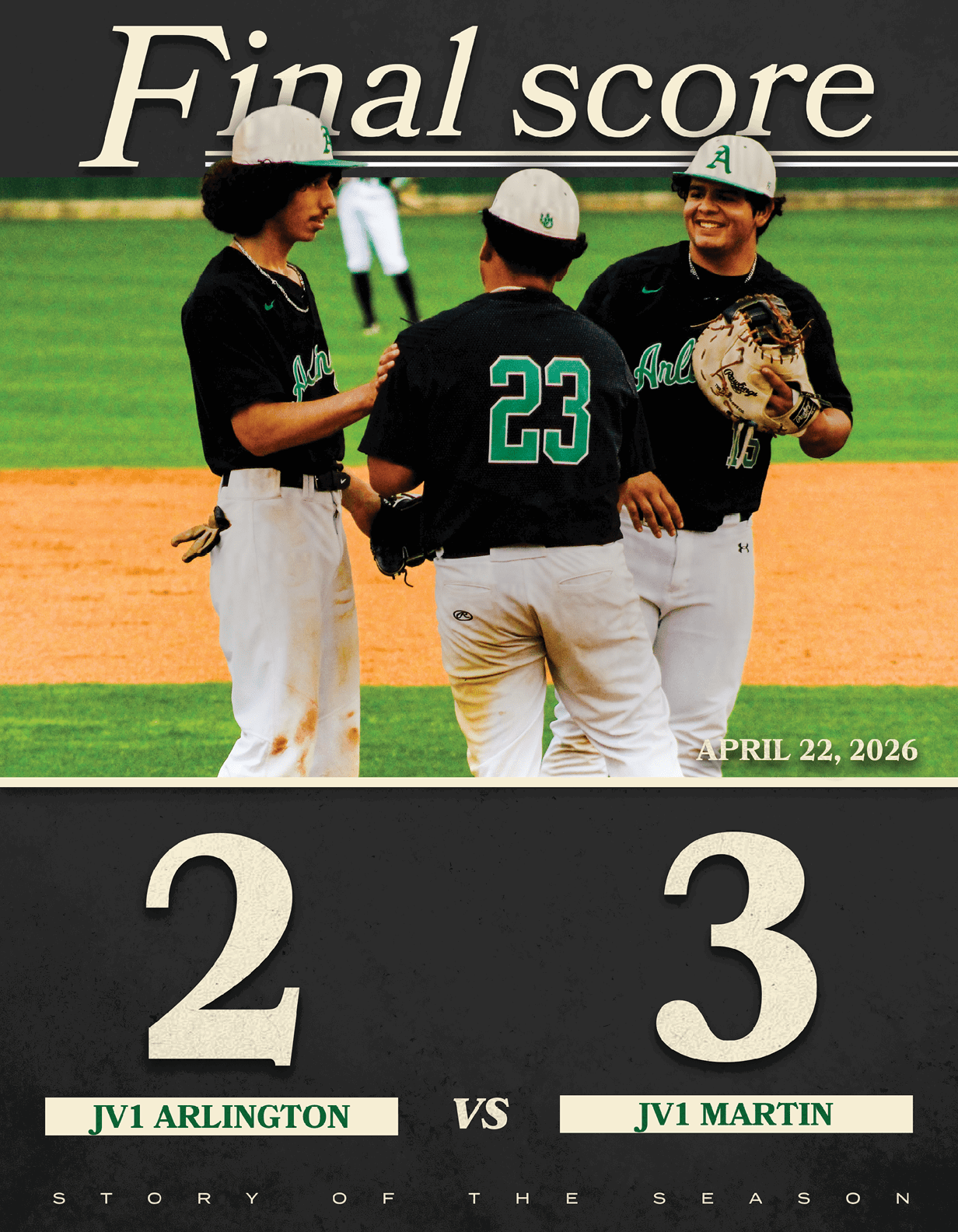 A baseball game is being played between JV Arlington and JV Martin. Description generated by AI