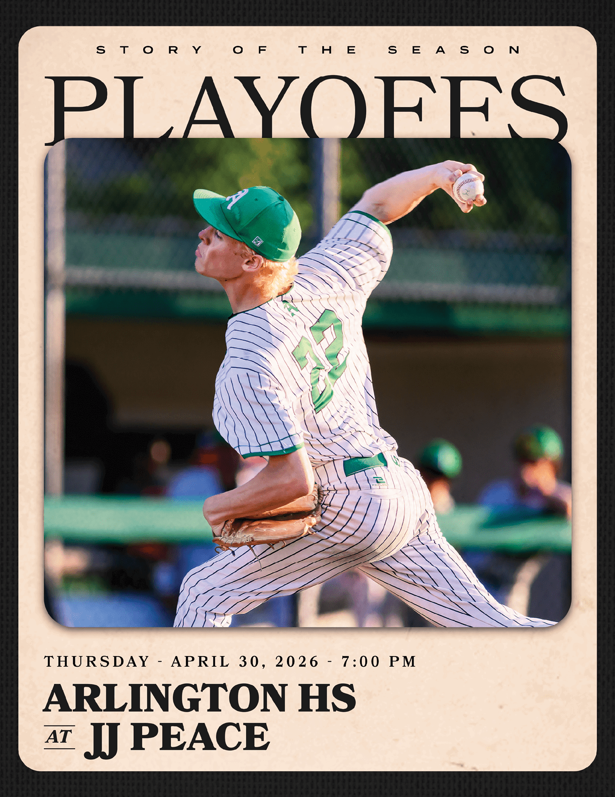 A baseball player in a green and white uniform is throwing a ball. Description generated by AI