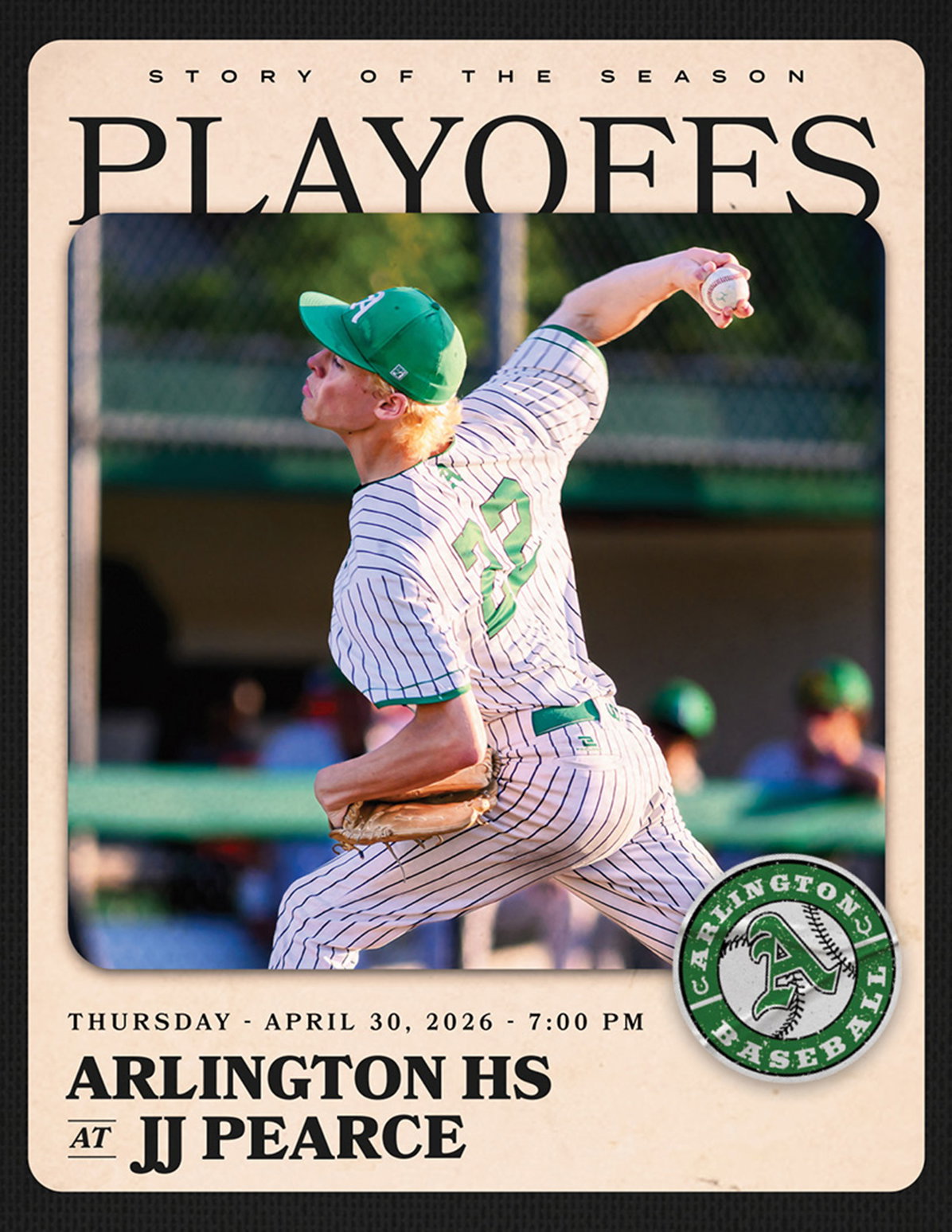 A baseball player in a green and white uniform is pitching a ball. Description generated by AI