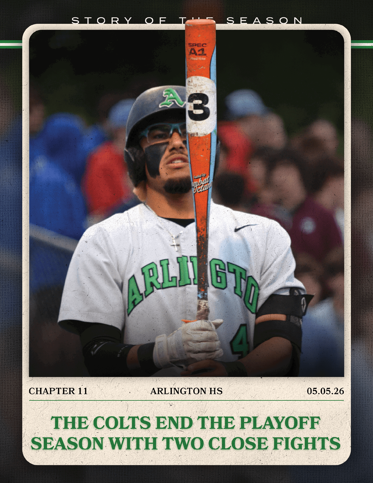 A baseball player holding a bat. Description generated by AI