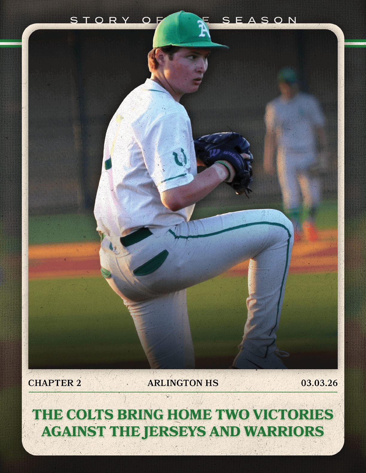 A baseball player in a green and white uniform is holding a baseball glove. AI generated content