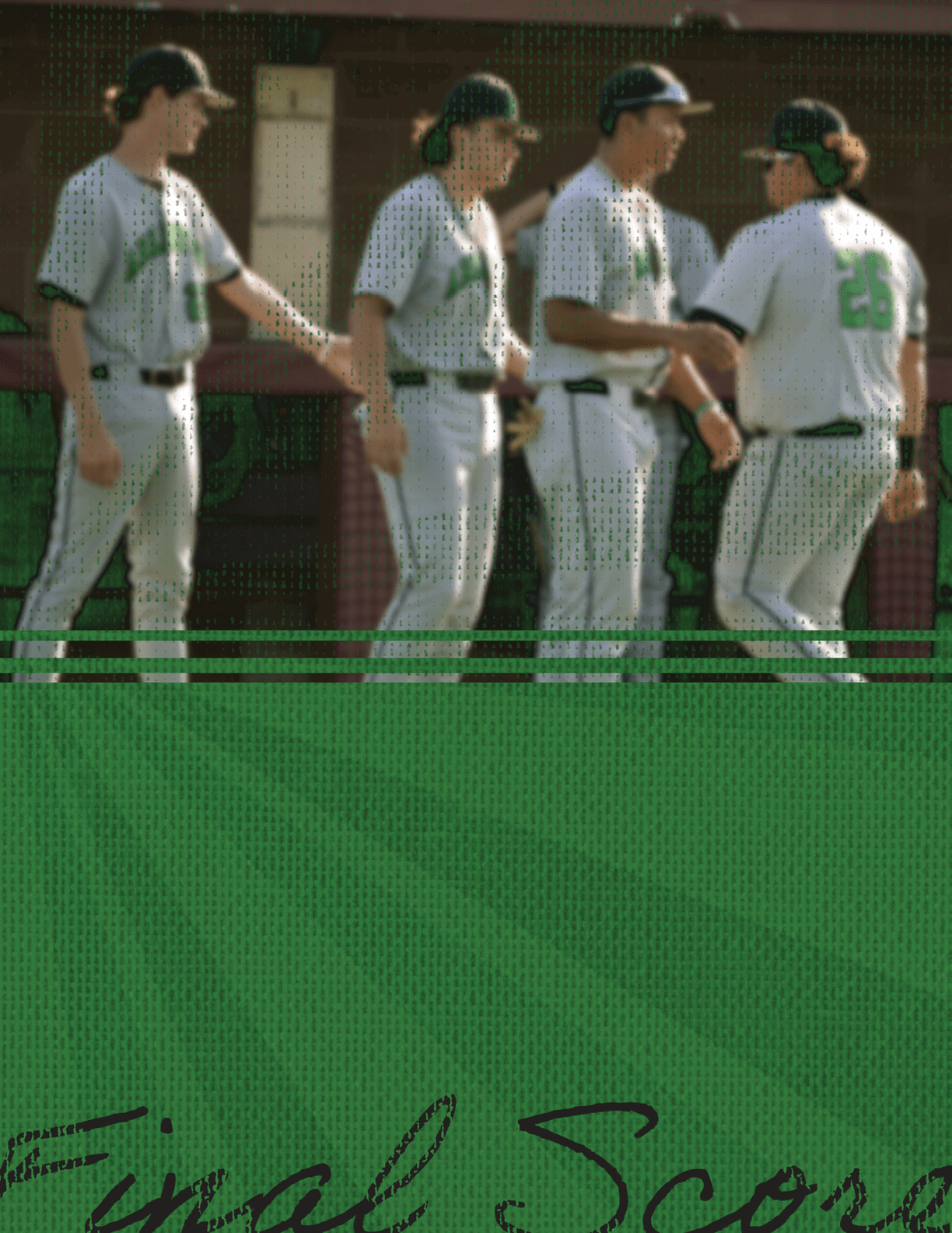 Four baseball players standing on a field. AI generated content