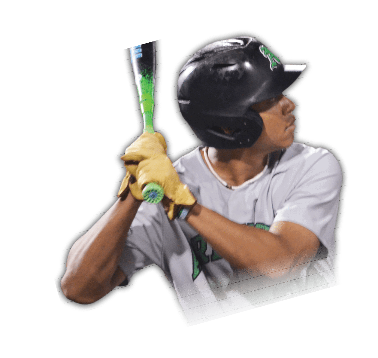 A baseball player in a grey uniform is holding a bat, ready to swing. AI generated content