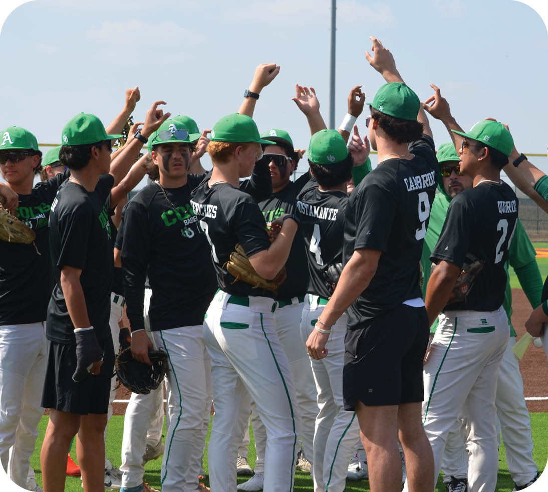 A group of baseball players wearing green hats and black shirts are standing on a field. AI generated content