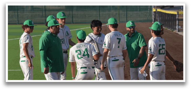 A group of baseball players wearing green hats and white uniforms are standing on a field. AI generated content