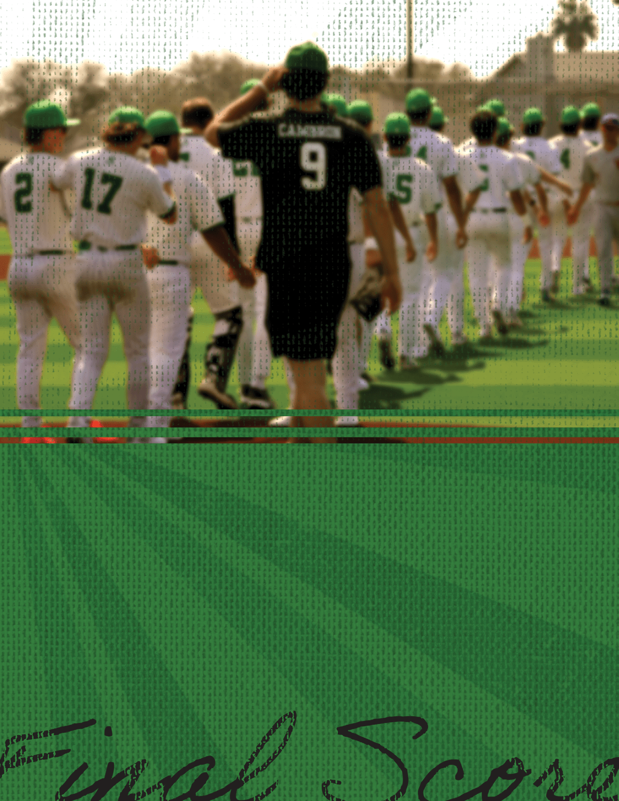 A man wearing a number 9 jersey stands in front of a line of baseball players. AI generated content