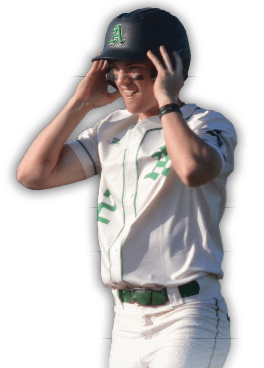 A baseball player wearing a white uniform and a green hat is standing on a field. AI generated content