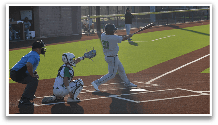 A baseball player is swinging a bat on a field. AI generated content