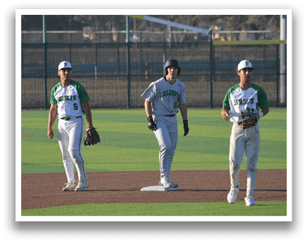 Three baseball players are standing on a field, one of them wearing a hat. AI generated content