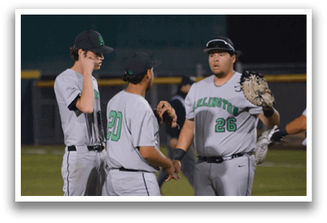 Baseball players wearing grey uniforms and green hats standing on a field. AI generated content