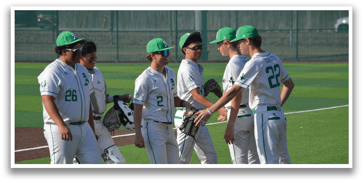 A group of baseball players wearing green and white uniforms are standing on a field. AI generated content