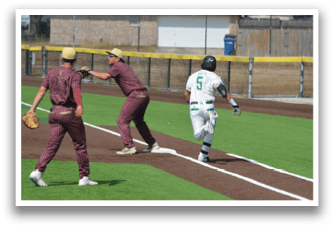Two baseball players on a field, one wearing a maroon uniform and the other wearing a white uniform. The maroon player is holding his glove up, while the white player is running towards the base. AI generated content