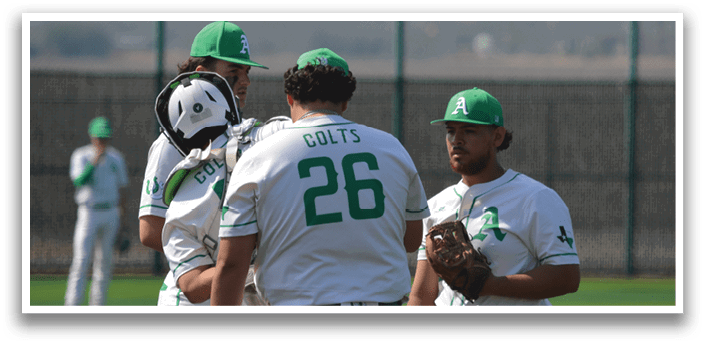 Three baseball players wearing green and white uniforms are standing on a field. One of them is holding a baseball glove. AI generated content
