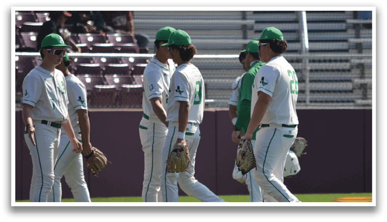 Baseball players wearing green and white uniforms are standing on the field. AI generated content