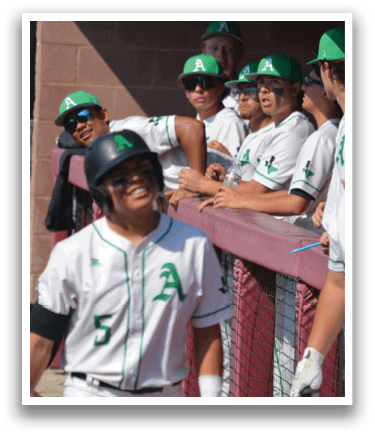 Baseball players wearing green hats and white uniforms are sitting on a bench. AI generated content