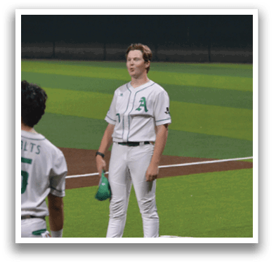 Three baseball players standing on a field, one of them wearing a white uniform and a green hat. AI generated content