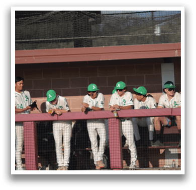 A group of baseball players wearing green hats and white uniforms are sitting on a bench. AI generated content