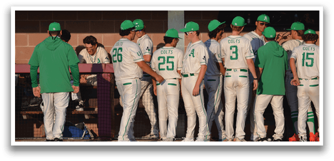 Baseball players in green hats and white uniforms are standing on a field. AI generated content