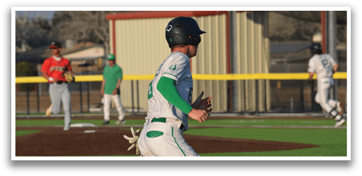 A baseball player wearing a green and white uniform is running on the field. AI generated content