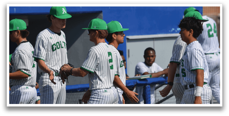 Baseball players wearing green hats and white uniforms shake hands with each other. AI generated content