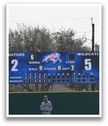 A baseball game is in progress with a scoreboard displaying the current score. AI generated content