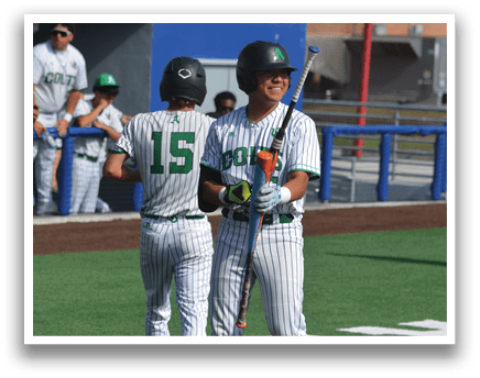 Two baseball players are standing on the field, one holding a bat and the other holding a glove. They are both wearing green and white uniforms. AI generated content