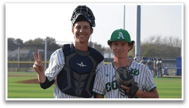 Two baseball players pose on the field, one holding a mitt and the other wearing a catcher's gear. AI generated content