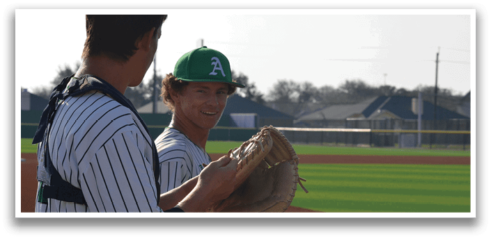 Two baseball players standing on a field, one holding a baseball glove. AI generated content