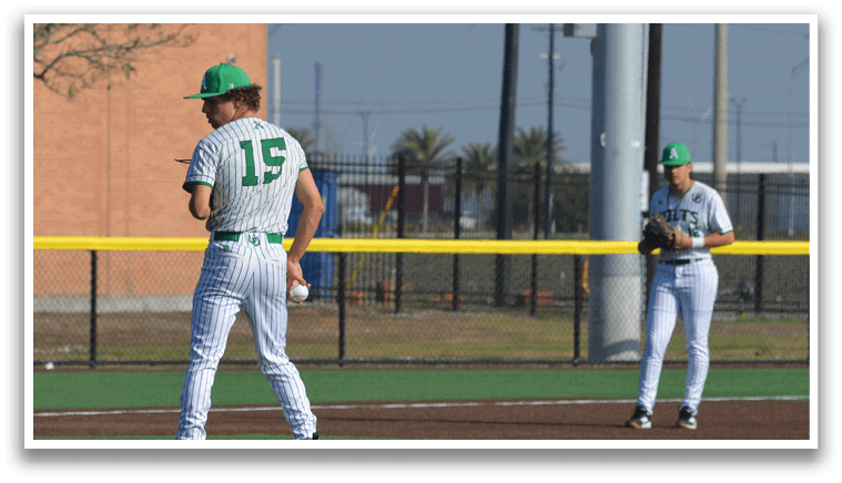 Two baseball players are on the field, one is a pitcher and the other is a catcher. The pitcher is wearing a green shirt and is in the process of throwing the ball. AI generated content