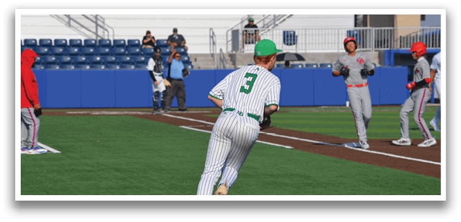 A baseball player wearing a green hat and white uniform is running towards a base. AI generated content