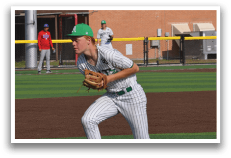 A baseball player in a green hat and white uniform is standing on a field, holding a baseball glove. AI generated content