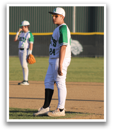 Two baseball players on a field, one wearing a green and white uniform and the other wearing a white uniform. AI generated content