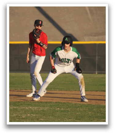 Two baseball players on a field, one wearing a red shirt and the other wearing a green and white shirt. AI generated content