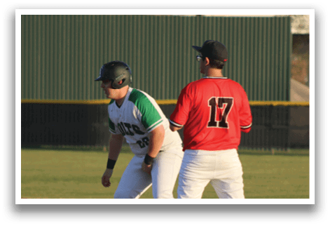 Two baseball players on a field, one wearing a red jersey and the other wearing a green and white jersey. AI generated content