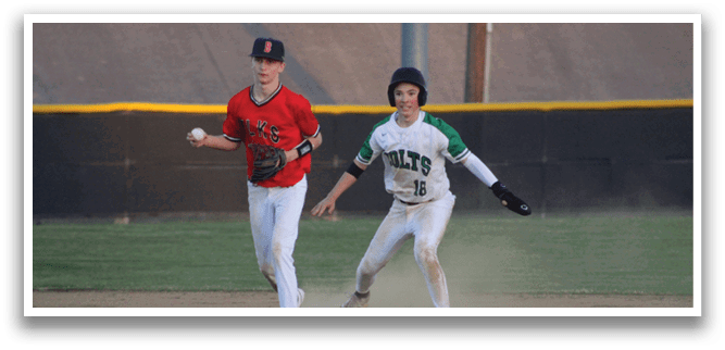 Two baseball players running on the field, one wearing a red shirt and the other wearing a green shirt. AI generated content