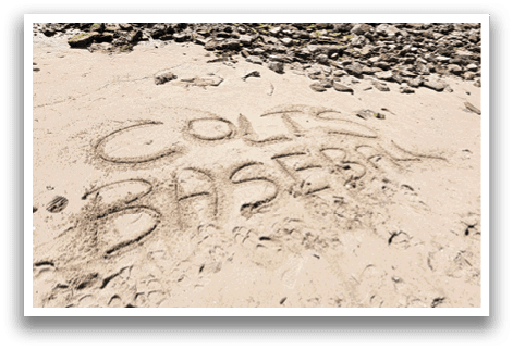 A sandy beach with the word “Colts" written in the sand. AI generated content