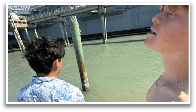 Two men are standing on a dock, one of them shirtless. They are looking at a large ship in the water. AI generated content