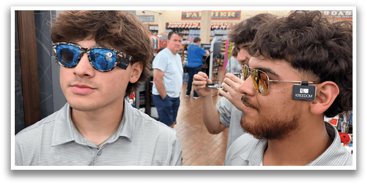 Two men wearing sunglasses and shirts are standing in a store. AI generated content