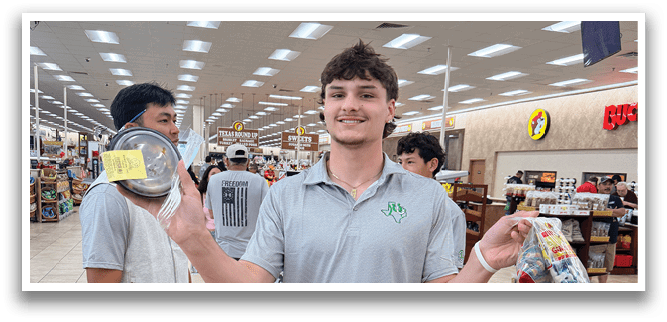 A man in a grocery store is holding up a box of cereal. AI generated content