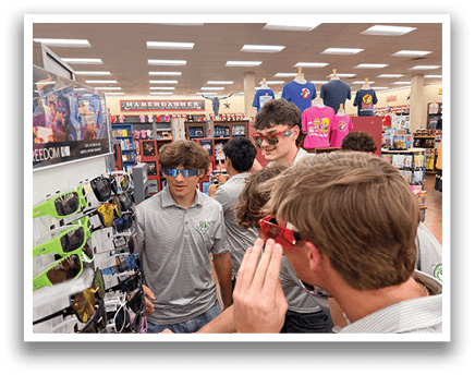 A group of people are in a store, looking at sunglasses. AI generated content