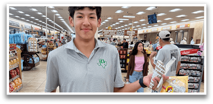 A young man is standing in a grocery store, holding a carton of milk. AI generated content