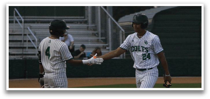 Two baseball players shake hands on the field. AI generated content